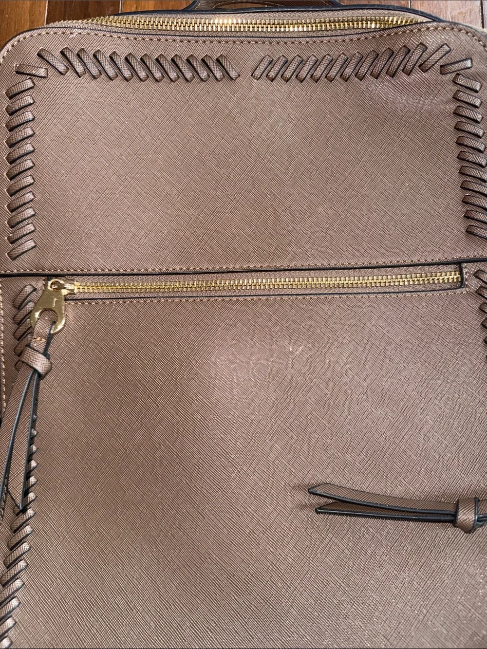 Calpak Brown Leather Backpack with Whipstitch Trim and Gold Hardware